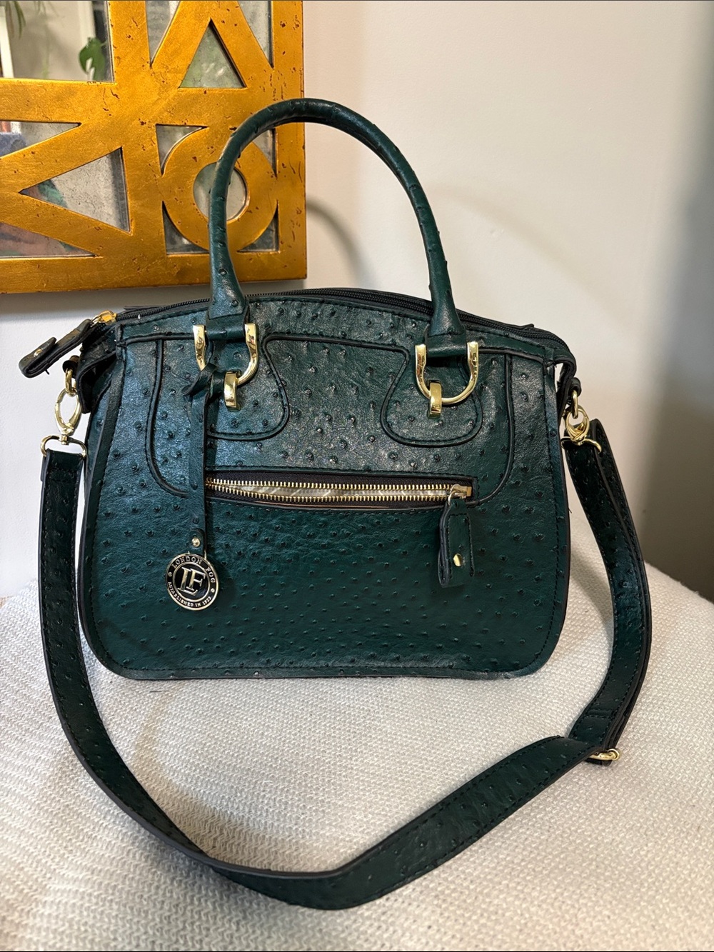 London Fog Dark Green Ostrich-Embossed Simulated Leather Satchel Handbag